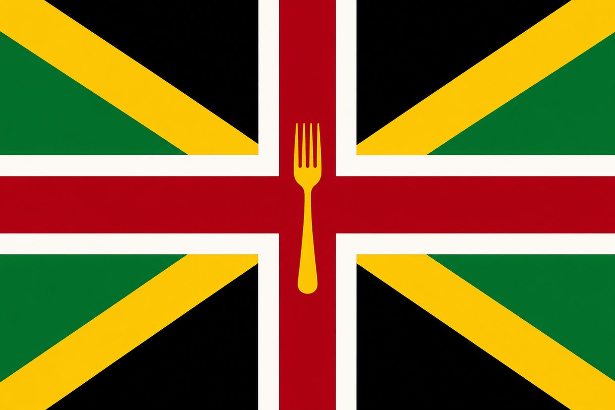 The national flag of Kaltora — a gold saltire dividing green and black quarters, overlaid with a red cross edged in cream, with a golden fork upright at its centre