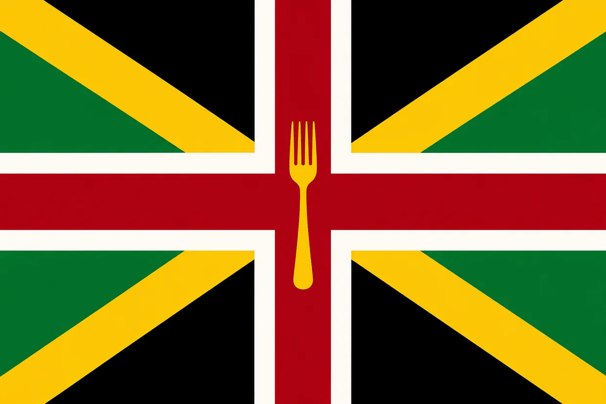 The national flag of Kaltora — a gold saltire dividing green and black quarters, overlaid with a red cross edged in cream, with a golden fork standing upright at its centre